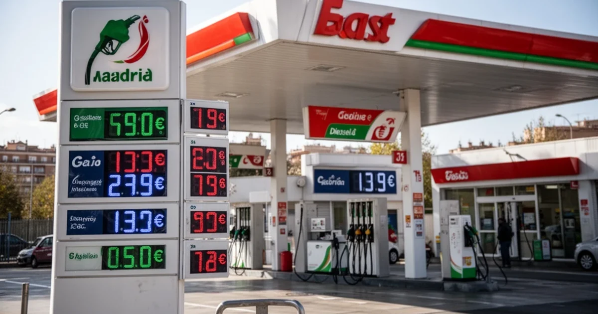 Estación de servicio con carteles mostrando precios del combustible