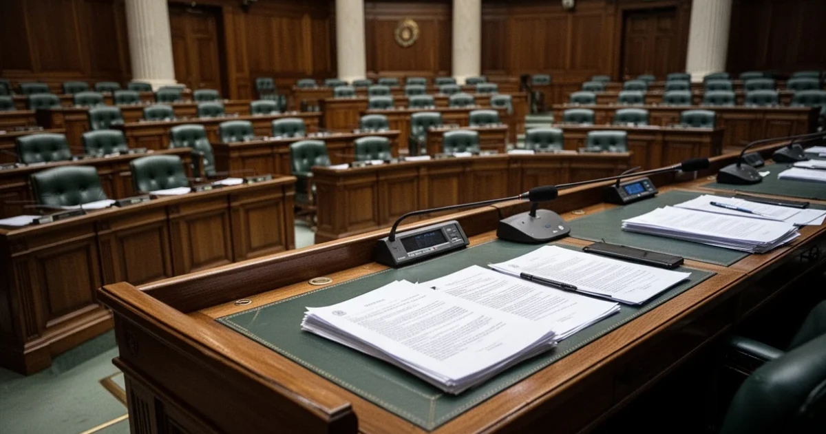 Sesión legislativa vacía con documentos oficiales sobre la mesa