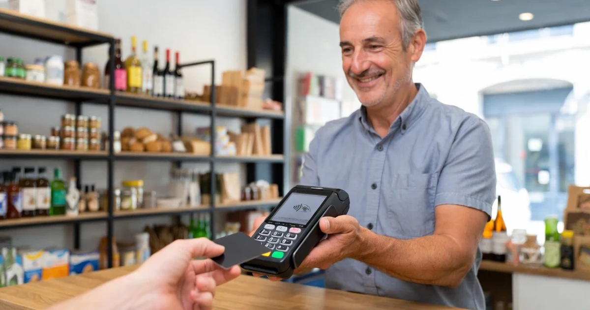 Comerciante de una pequeña tienda acepta un pago con tarjeta contactless mediante un terminal de cobro moderno en un comercio de barrio.