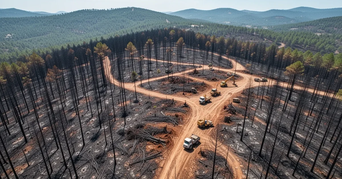 Vista aérea del área forestal quemada en Sierra Oeste durante esfuerzos de recuperación