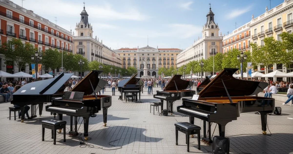 Escena festiva con pianos al aire libre durante Piano City Madrid