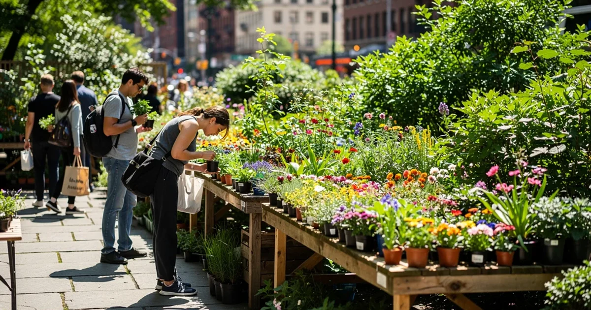 Escena del mercadillo de plantas en Madrid con mesas llenas de diversas especies.