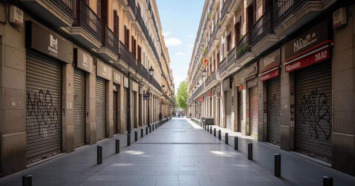 Vista desierta de calles madrileñas durante una ola de calor