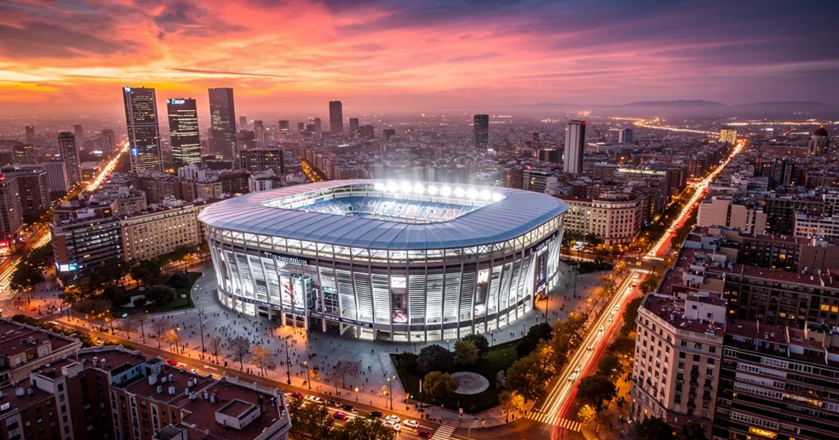 Vista aérea del Estadio Santiago Bernabéu durante el atardecer