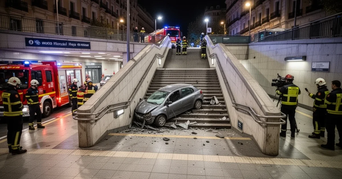 Coche incrustado en escaleras del metro tras un accidente en Madrid