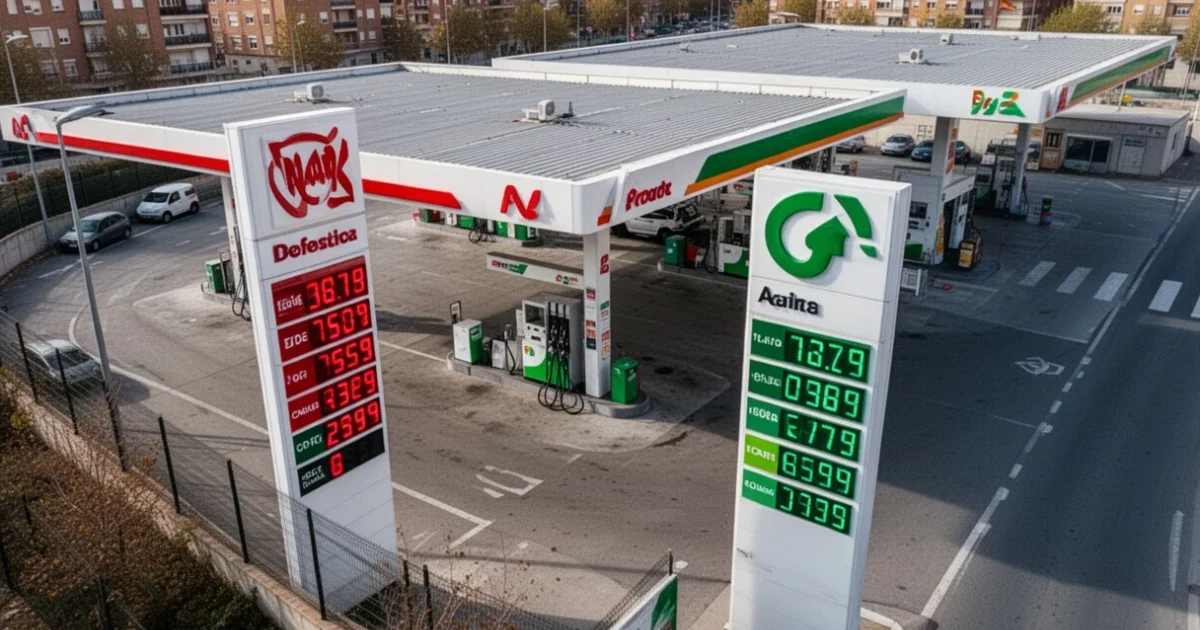 Vista aérea de gasolineras en Madrid mostrando diferentes precios del combustible