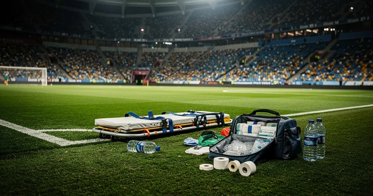 Escena tensa en un estadio durante un partido con atención médica a un jugador lesionado