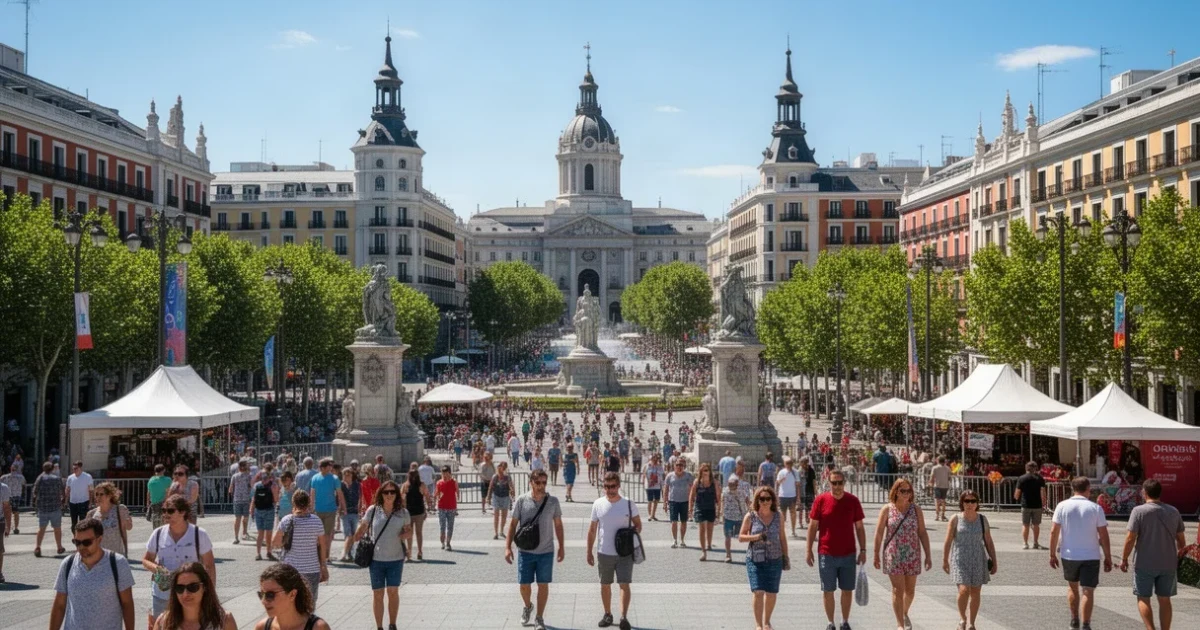 Vista vibrante de Madrid llena de turistas disfrutando durante el verano