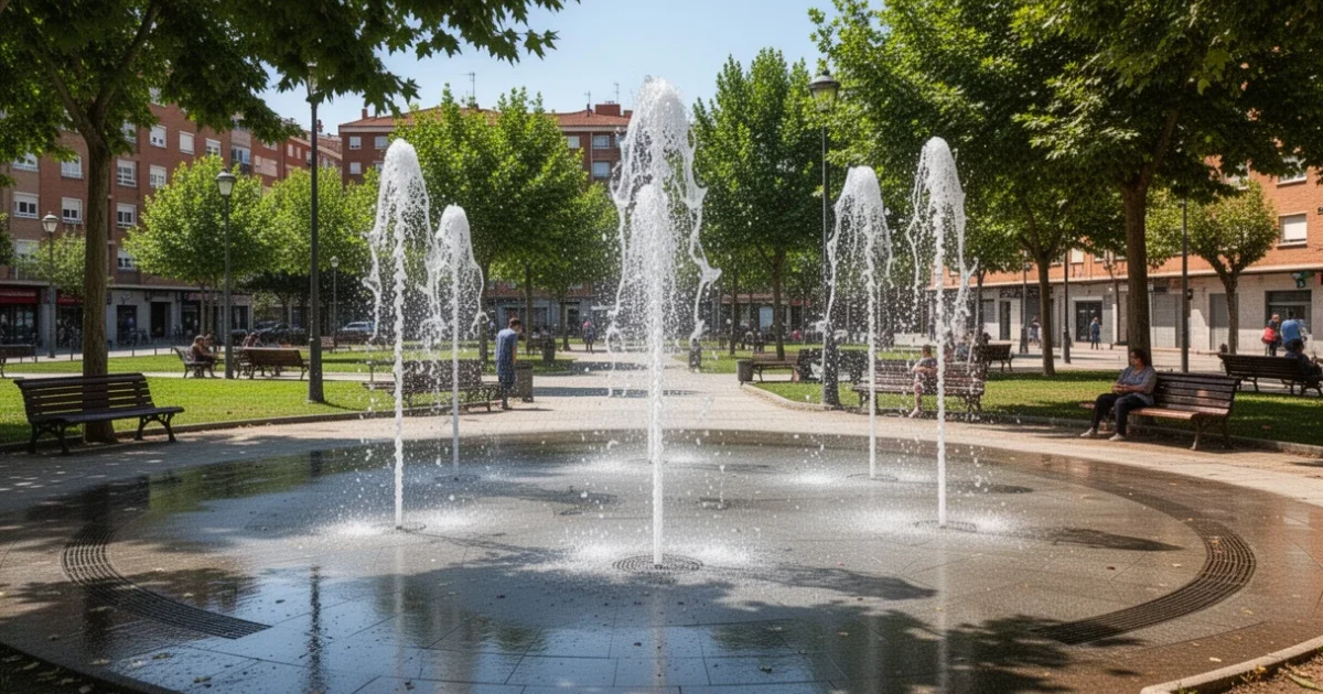 Parque público en Móstoles con fuentes y áreas sombreadas