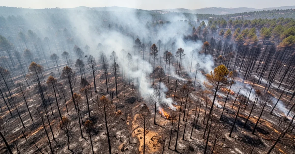 Vista aérea de áreas forestales quemadas tras incendios en España