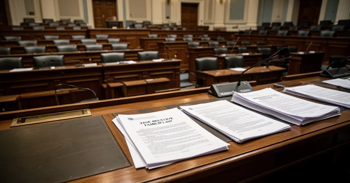 Sala vacía de una asamblea legislativa con documentos sobre leyes familiares