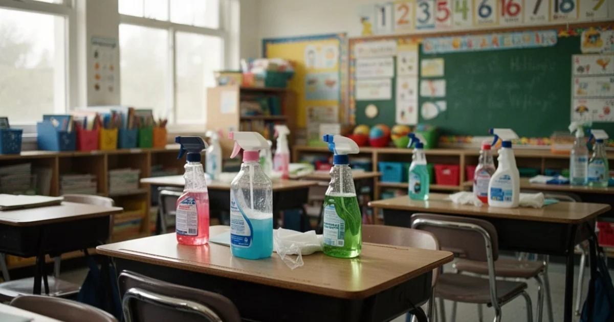 Aula escolar con materiales educativos y suministros de limpieza visibles