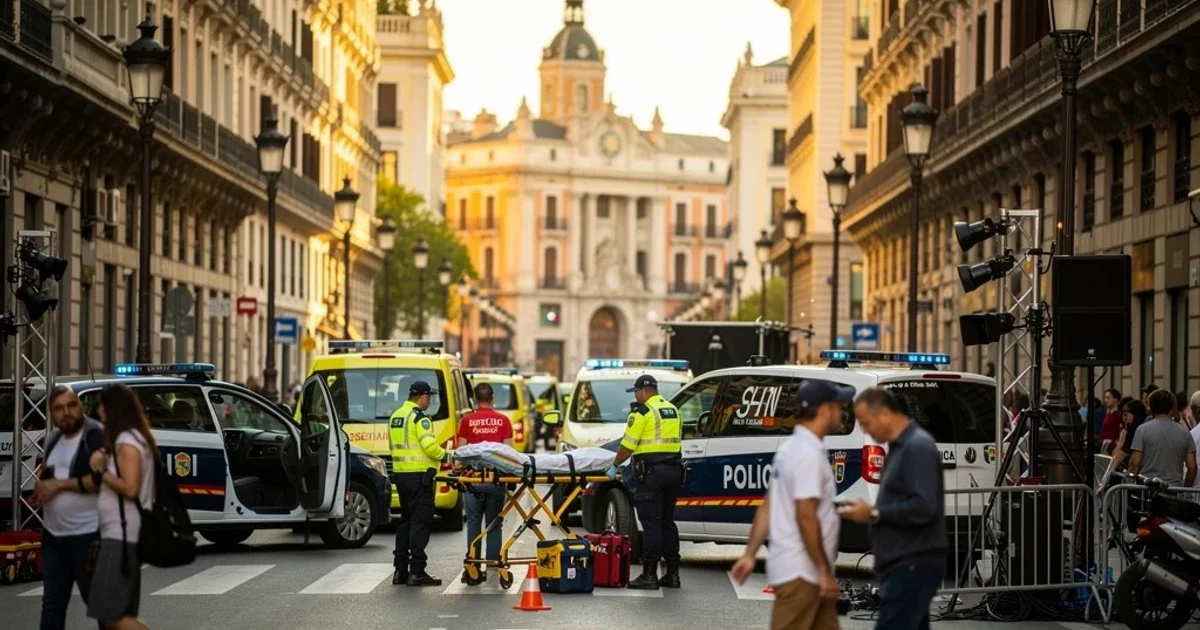 Preparativos en Madrid para un gran evento con presencia policial y servicios de emergencia.