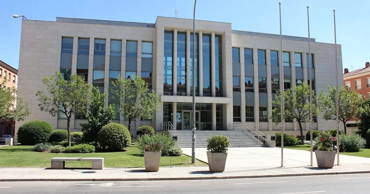 Edificio gubernamental moderno en España rodeado de vegetación