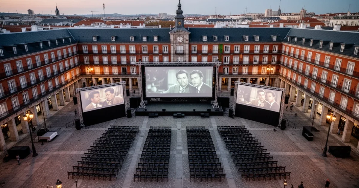 Vista aérea de Plaza Mayor durante el festival Platino Clásicos convertido en cine al aire libre.