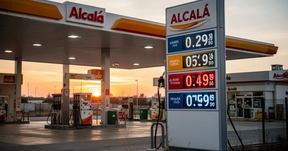 Estación de servicio con precios visibles al atardecer