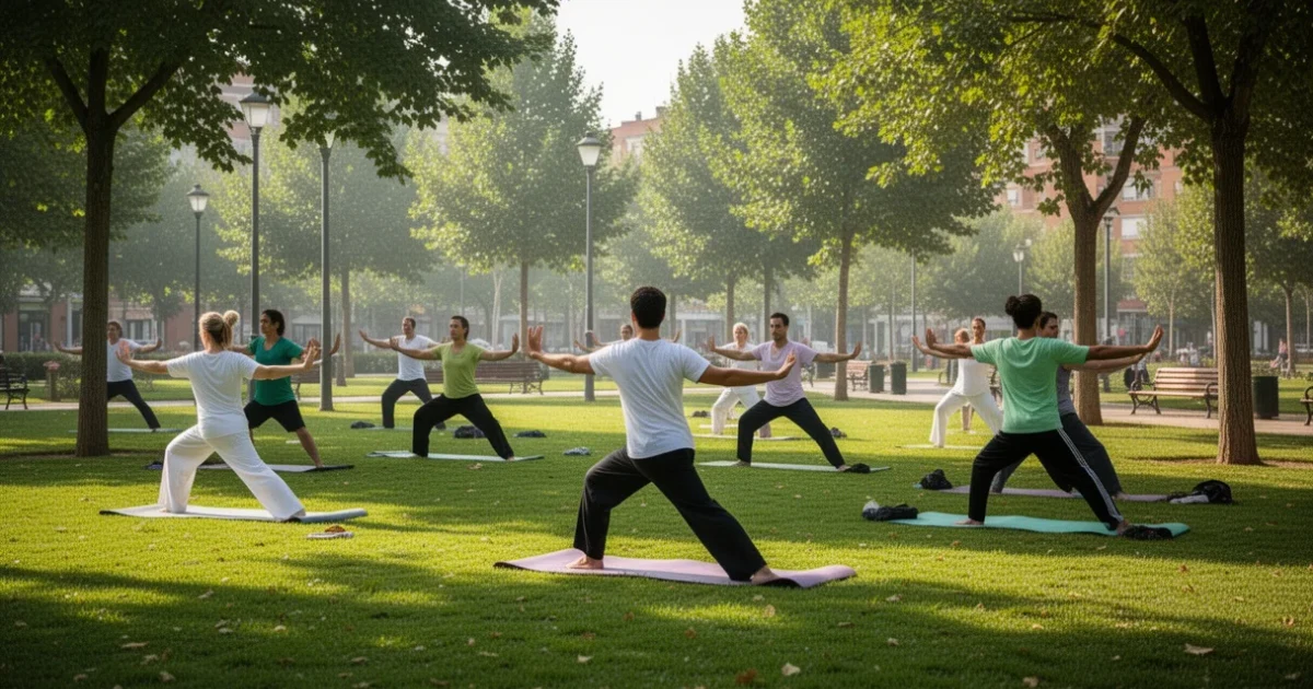 Parque verde en Fuenlabrada donde se practican taichi y yoga