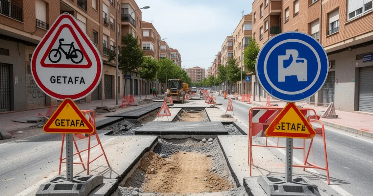 Obras viales en Getafe con señalización sobre reparaciones