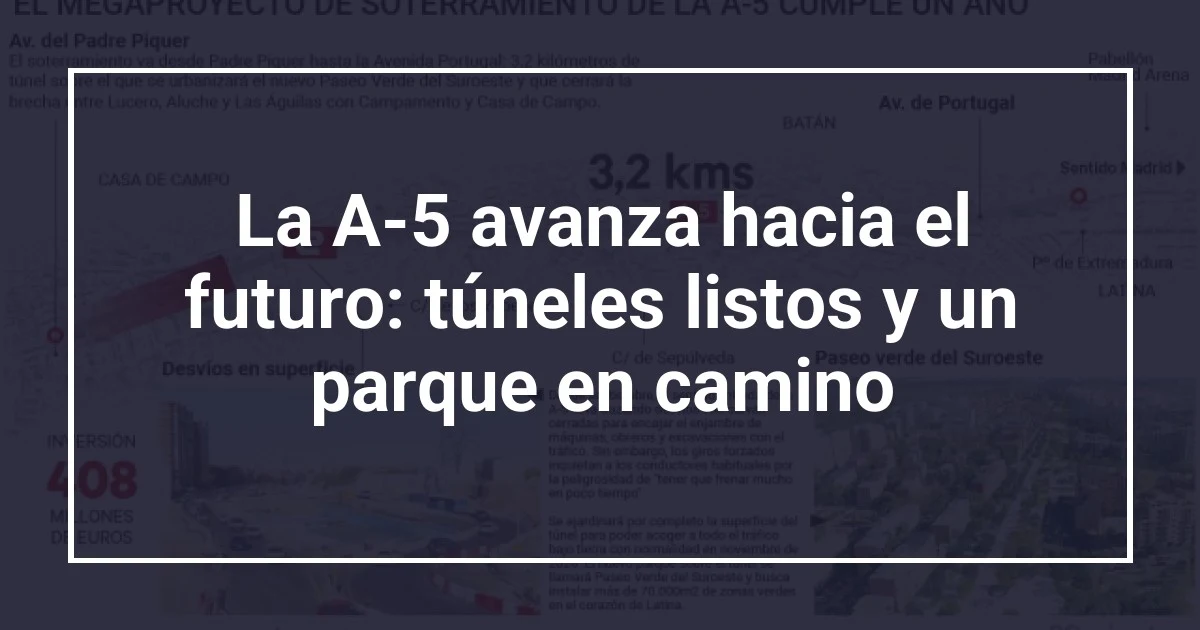 La A-5 avanza hacia el futuro: túneles listos y un parque en camino