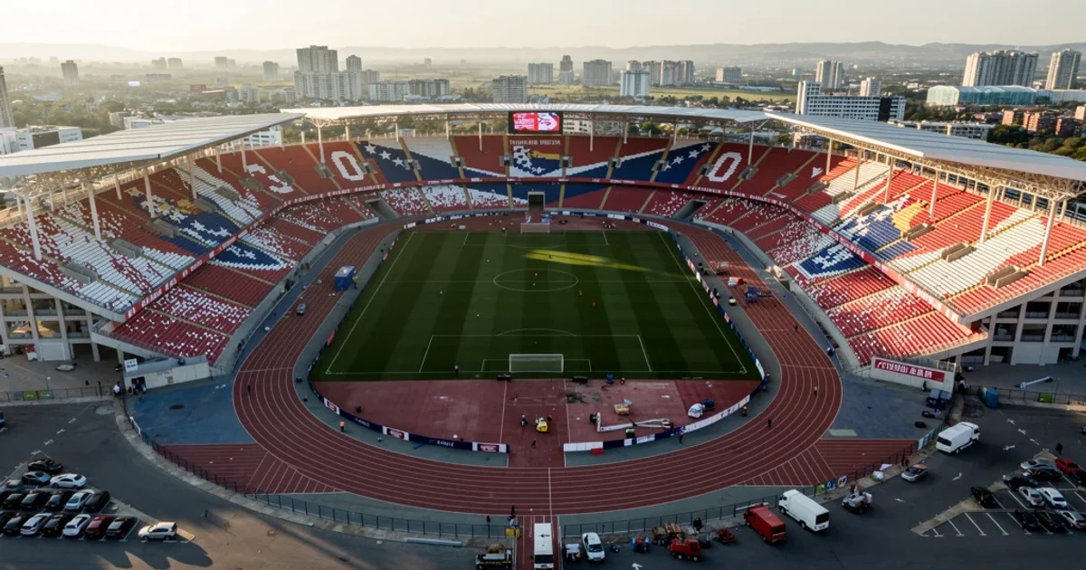 Vista aérea de un estadio vacío decorado con los colores nacionales de Bosnia.