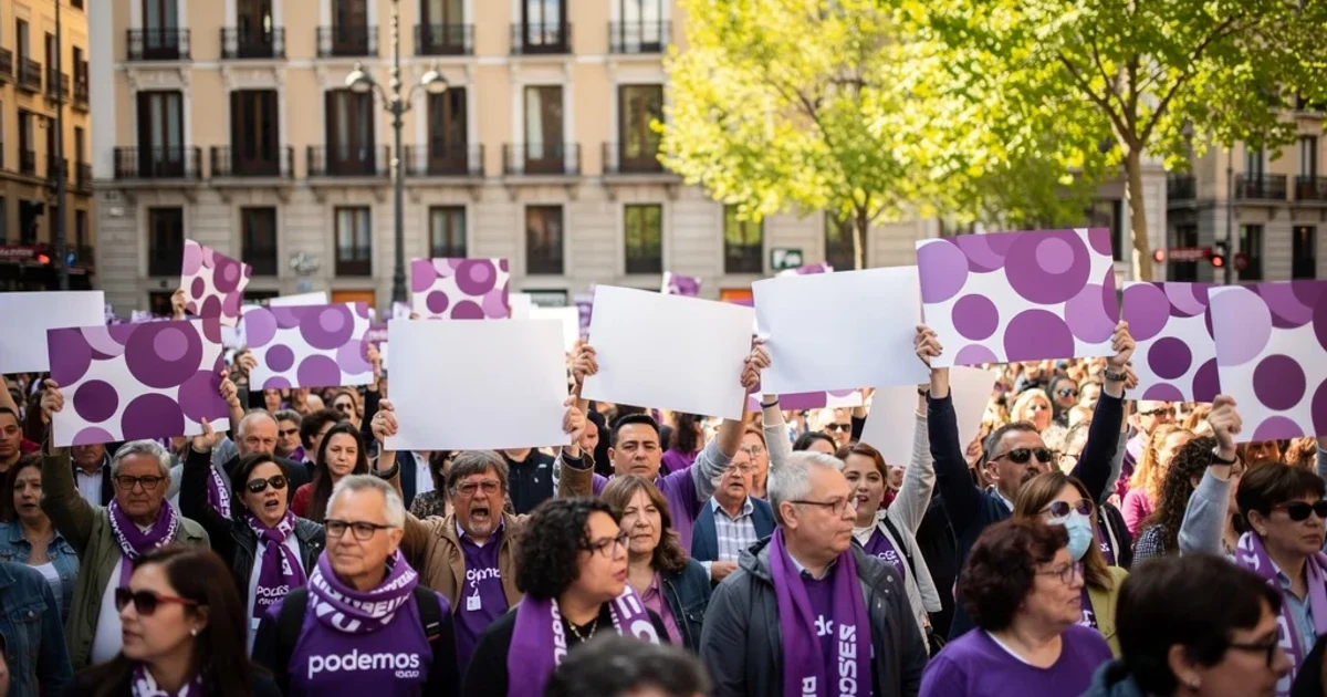 Escena vibrante de un mitin político en Madrid con banderas y colores del partido Podemos.