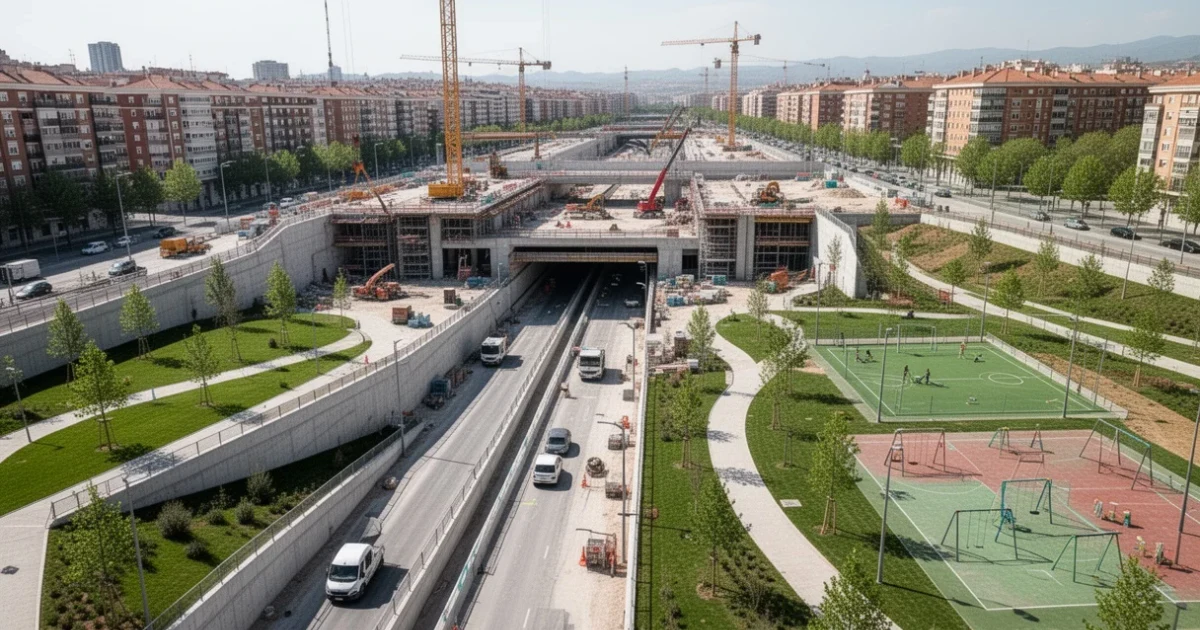 Obras del soterramiento de la A-5 en Madrid con áreas verdes proyectadas.