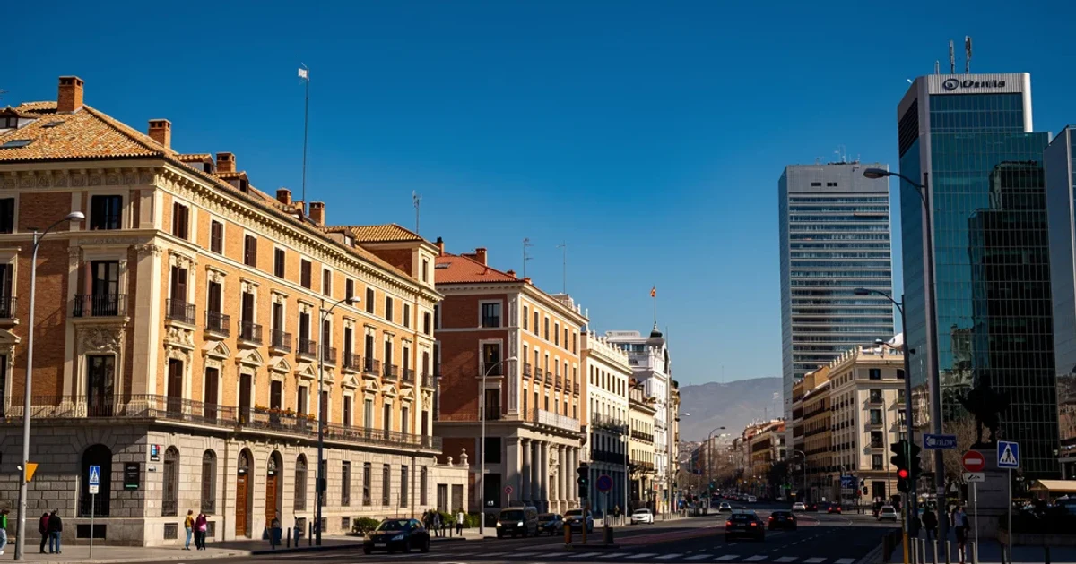 Vista soleada de Madrid con edificios históricos bajo un cielo azul claro.