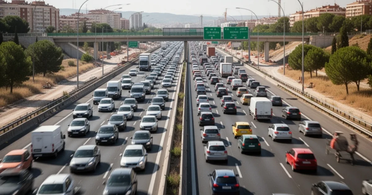 Tráfico denso en una carretera madrileña debido a obras