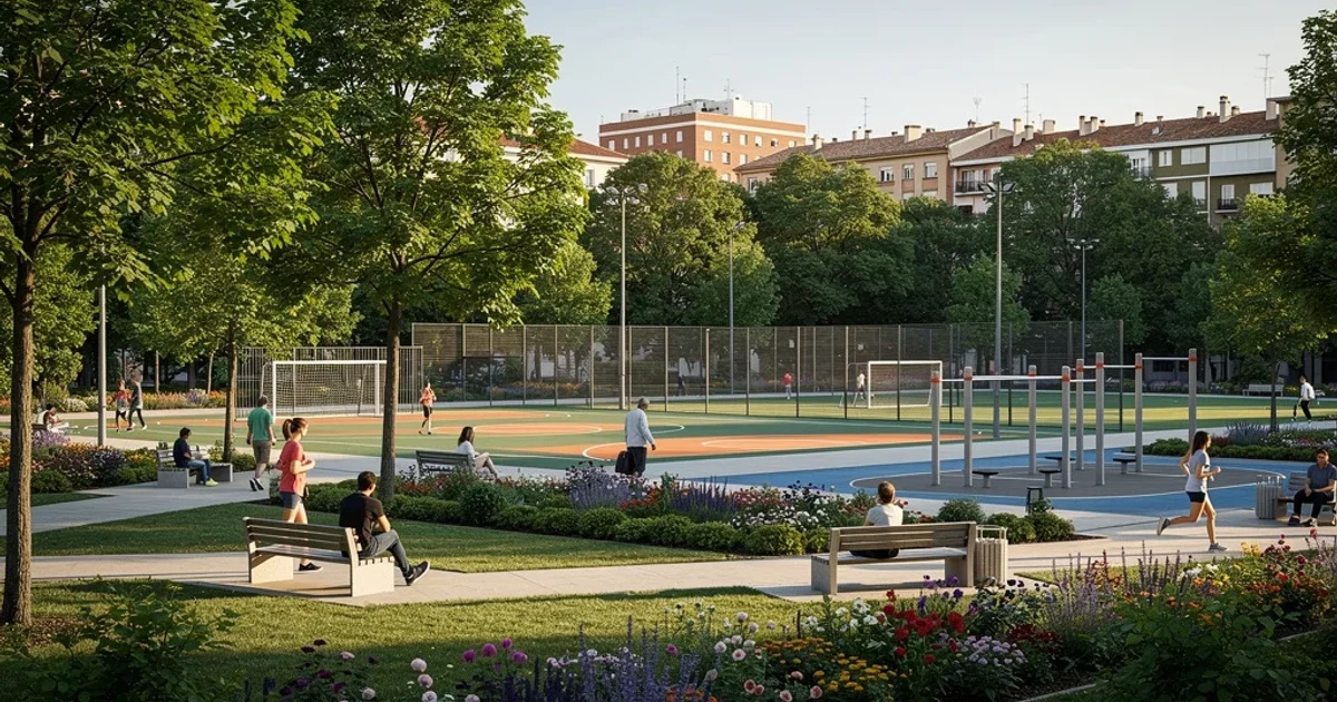 Parque urbano en Moratalaz con instalaciones deportivas modernas.