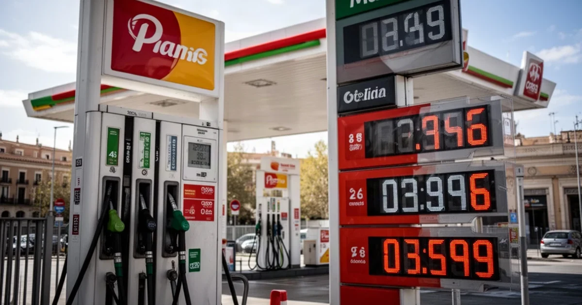 Estación de servicio con precios visibles en Madrid