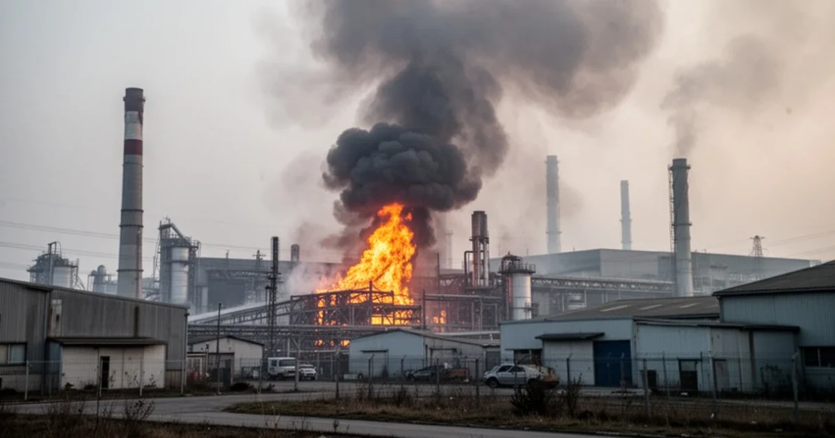 Incendio cerca de una nave industrial con humo visible