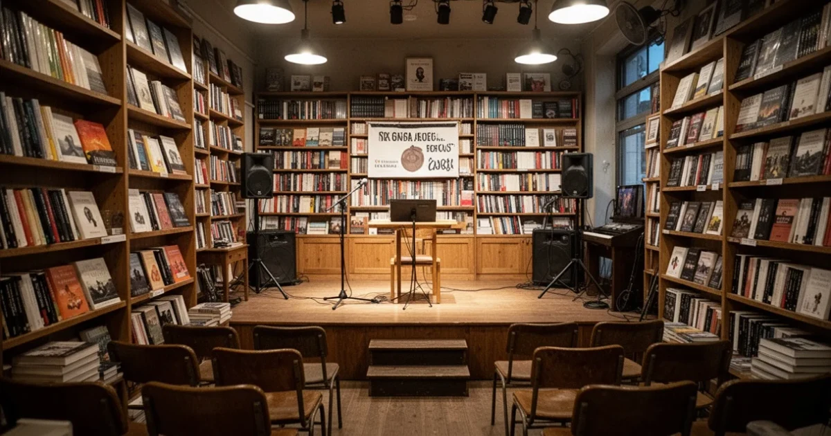 Librería acogedora con estanterías llenas de libros y un pequeño escenario