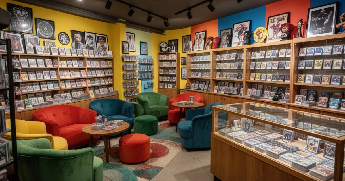 Interior colorido de la tienda Grizi Cards con cromos y áreas cómodas.