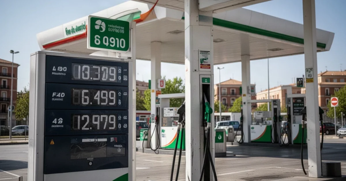 Estación de servicio con precios visibles cerca de Madrid