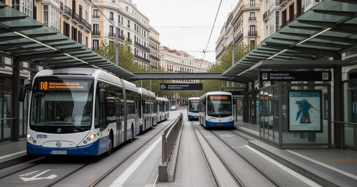 Escena urbana moderna con autobuses y estaciones de metro en Madrid