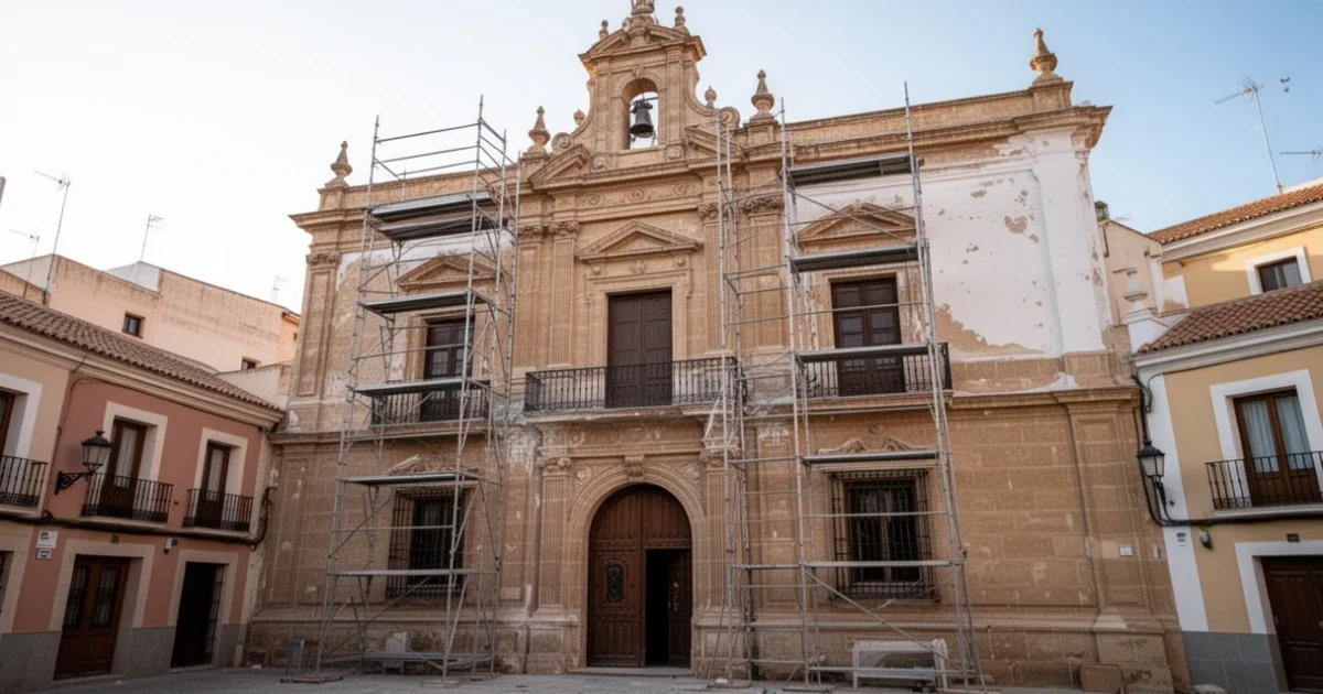 Fachada histórica durante su rehabilitación en Pinto