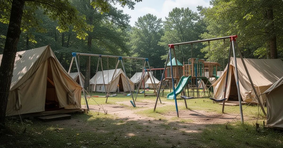 Escenario general de un campamento de verano con instalaciones recreativas