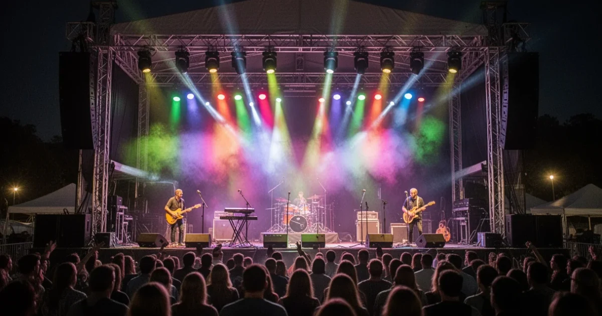Escena vibrante de un concierto al aire libre con luces coloridas
