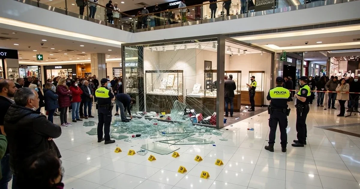 Escaparate roto tras un atraco armado en una joyería del centro comercial Espacio