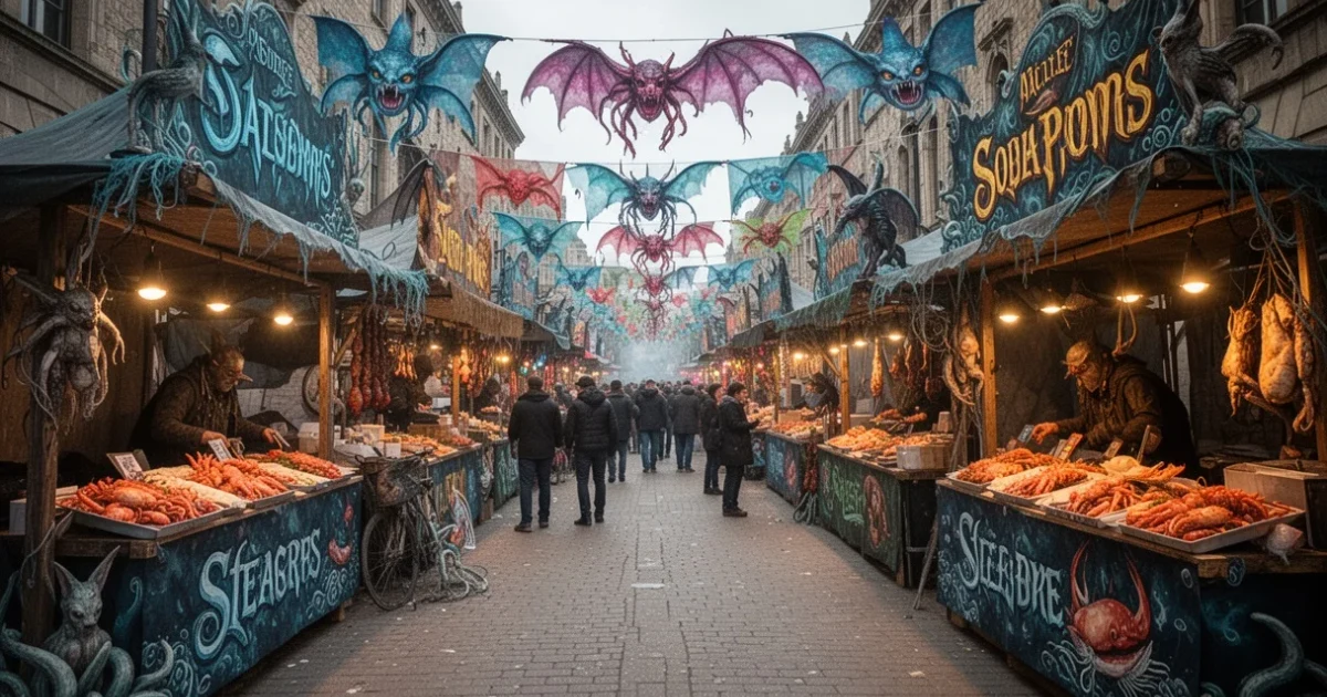 Escena festiva en Fuenlabrada con puestos gastronómicos y decoraciones fantásticas