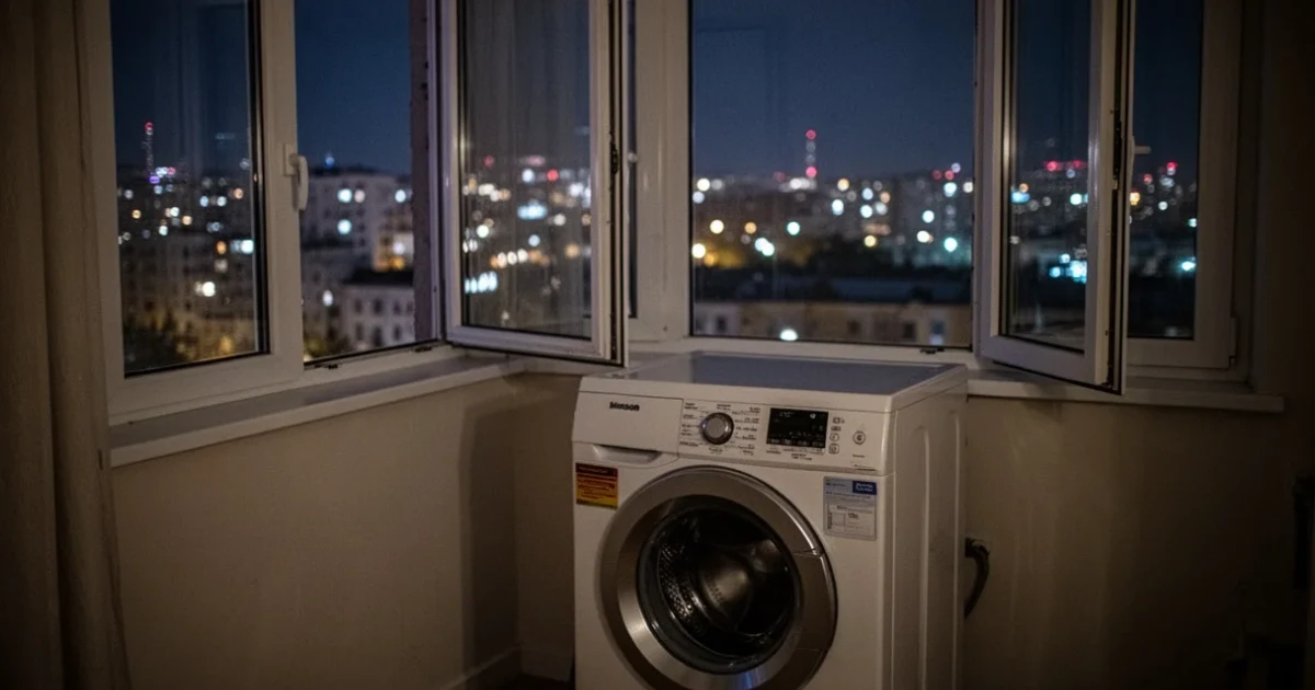 Lavadora funcionando en un apartamento tranquilo con luces urbanas visibles