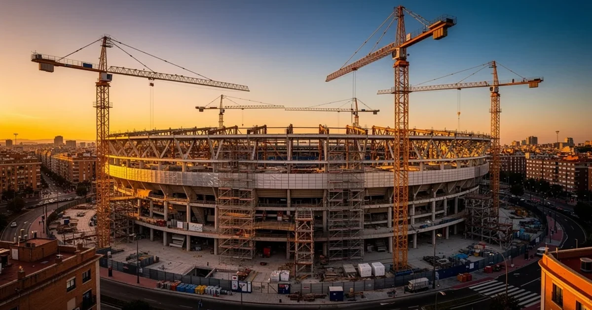 Vista panorámica del estadio Santiago Bernabéu en renovación