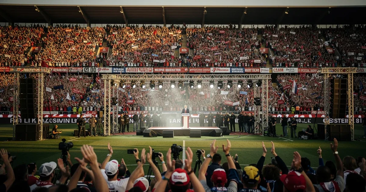 Estadio lleno durante un evento electoral apoyando al Real Madrid.