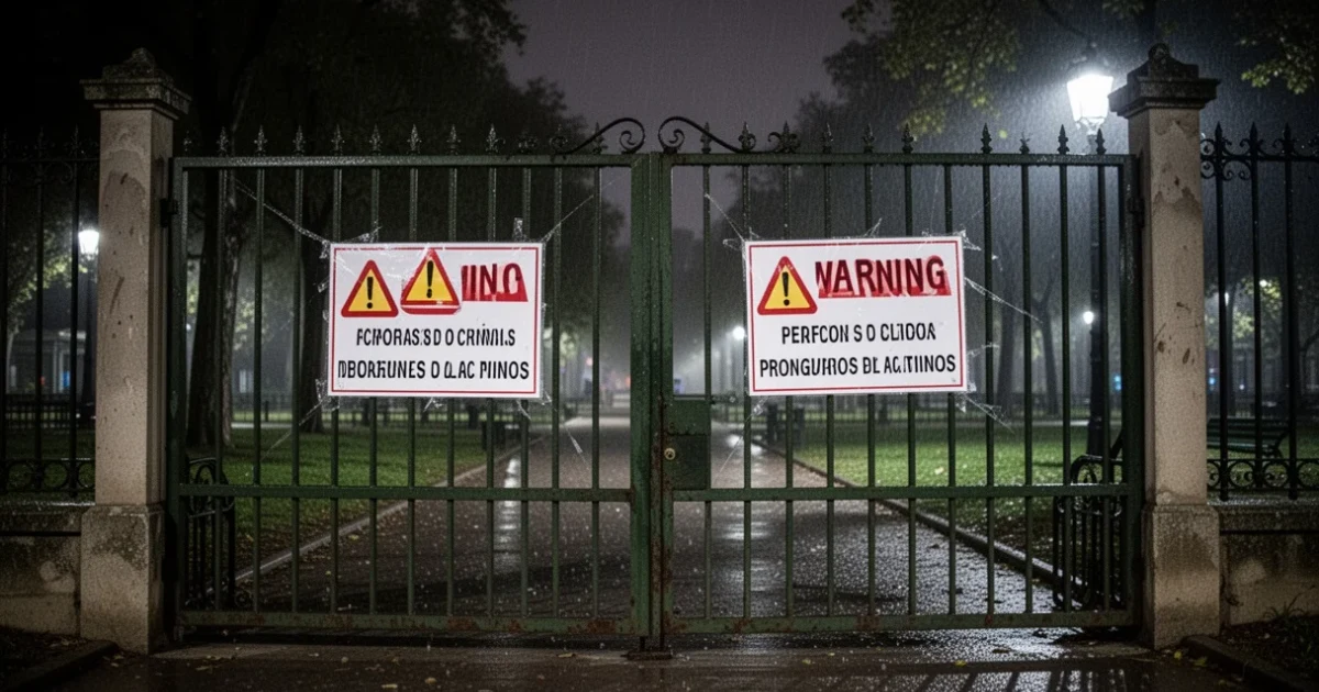 Puerta cerrada con señales advertencia en un parque madrileño debido a fuertes vientos
