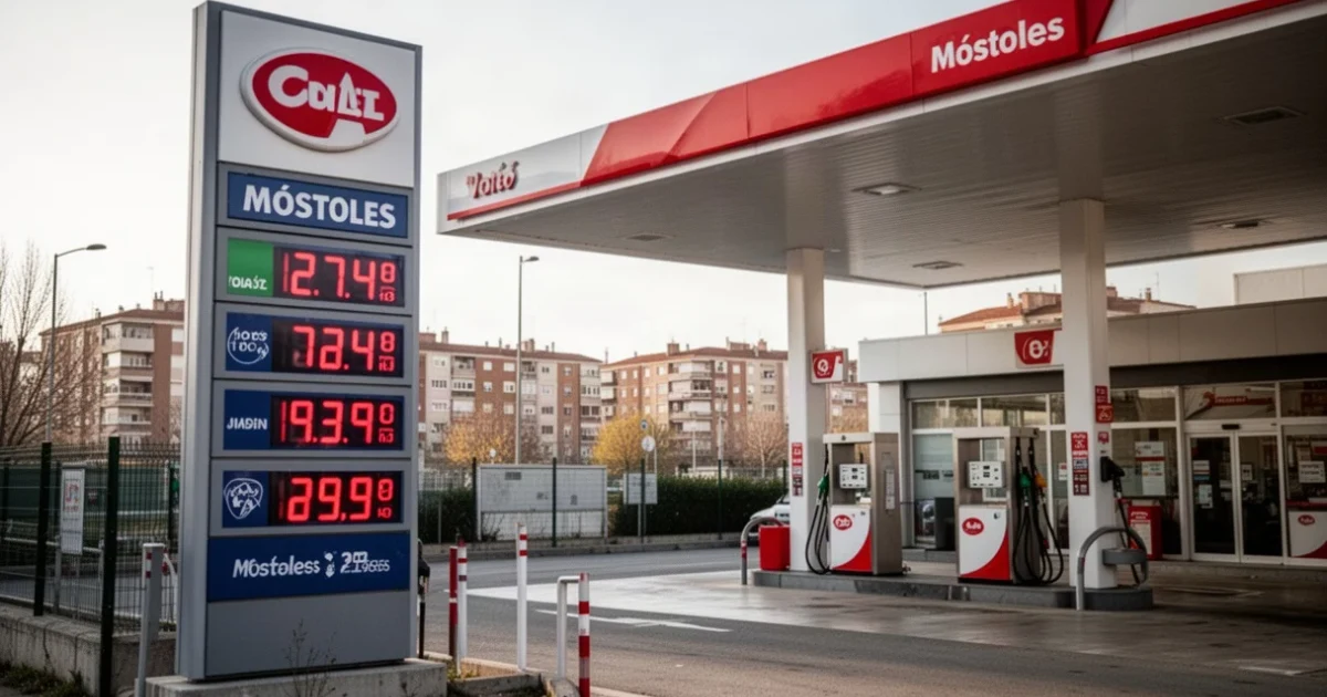 Estación de servicio en Móstoles mostrando precios competitivos de combustible.