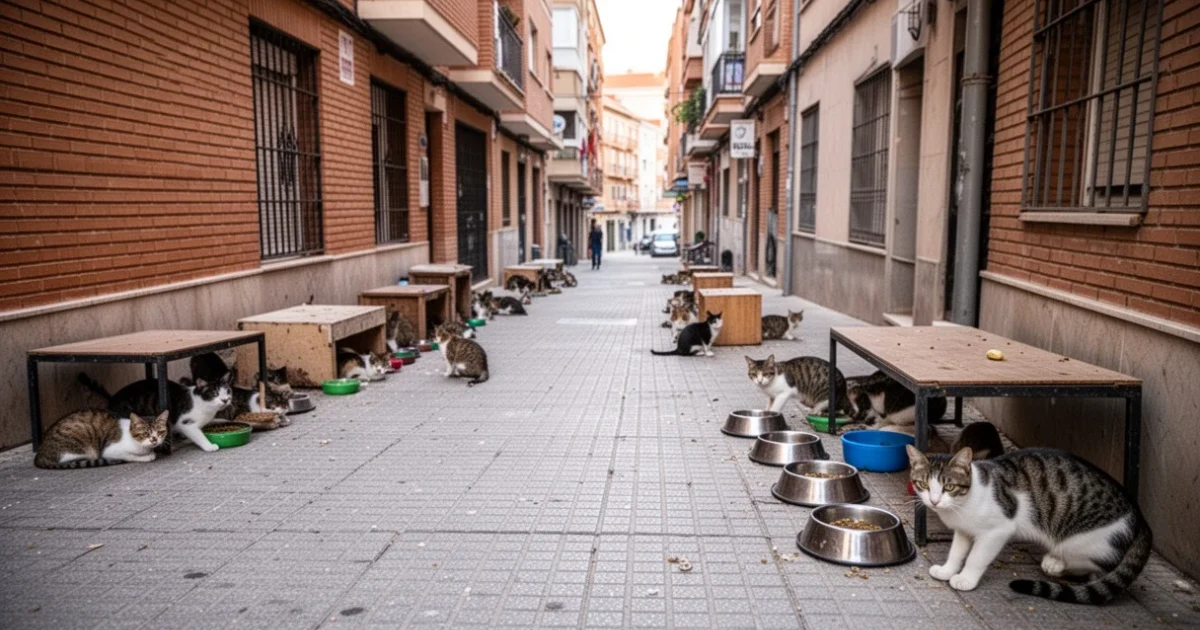 Vista urbana en Getafe con estaciones alimentadoras para gatos callejeros