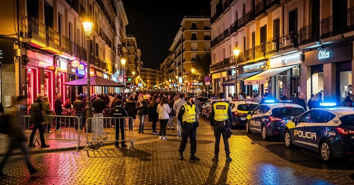 Escena nocturna urbana en Madrid con presencia policial