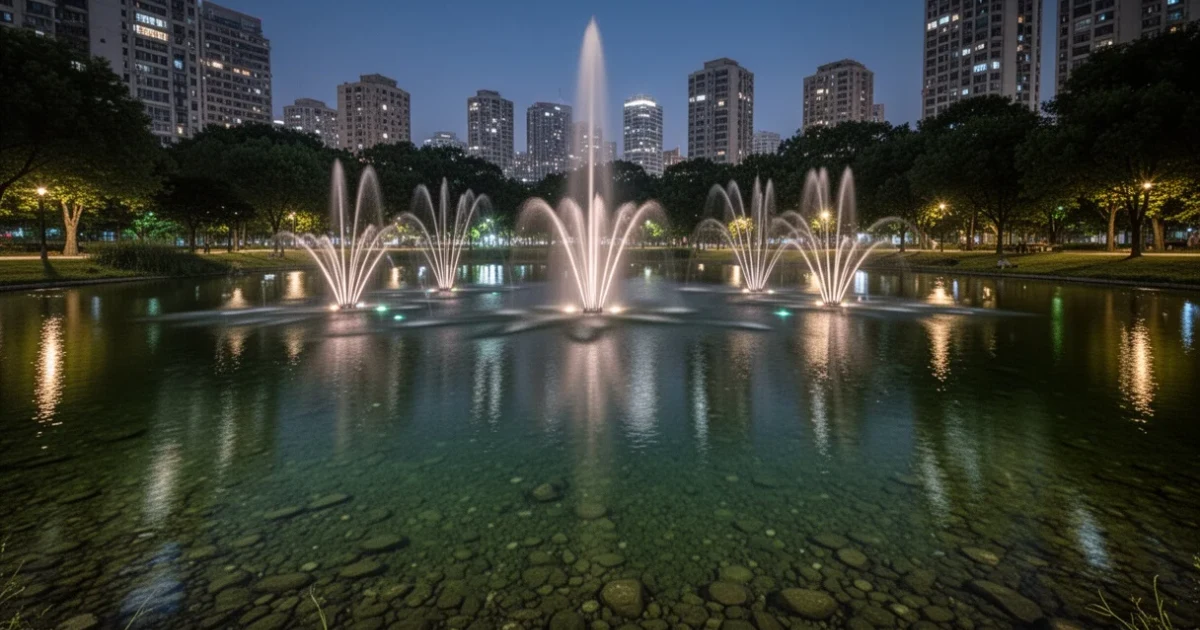 Lago renovado en el Parque Juan Carlos I con fuentes iluminadas