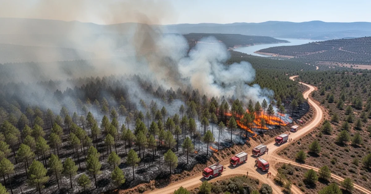 Vista aérea del bosque ardiendo cerca de Pelayos de la Presa con vehículos de emergencia