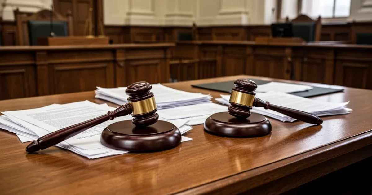Escena judicial con documentos legales y un mazo sobre la mesa